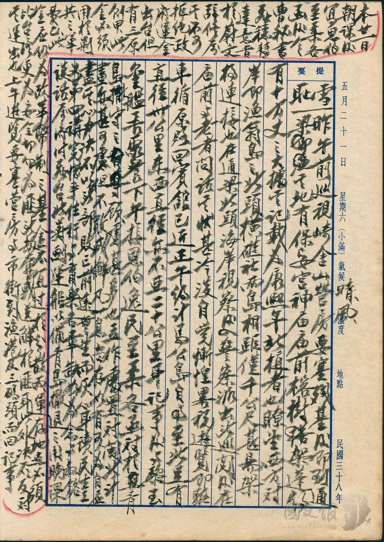 圖11：蔣中正日記原本民國38年（1949年）5月21日之記事，叮囑陳誠等不可拒絕政府運金出台，但有三原則：軍費、改革幣制基金與存放地點比台灣安全。（典藏號：002-150101-00039-196）