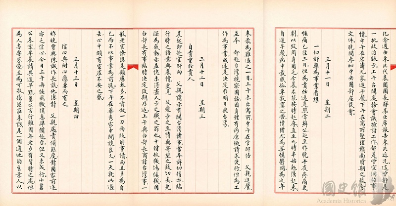 圖8：蔣經國日記抄本民國36年（1947年）3月11日至12日之記事，奉命赴台灣視察團務及向父親（蔣中正）請示有關台灣諸事（典藏號：005-060102-00031-096～097）