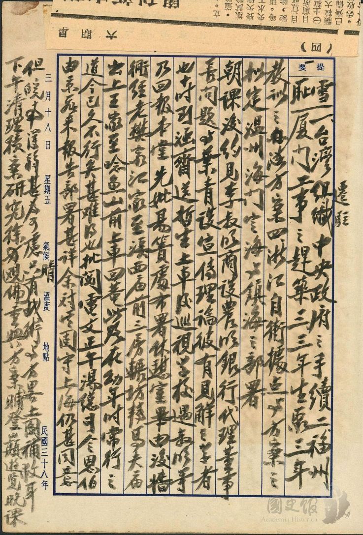 圖9：蔣中正日記原本民國38年（1949年）3月18日之記事，台灣遷駐中央政府之手續。（典藏號：002-150101-00039-107）