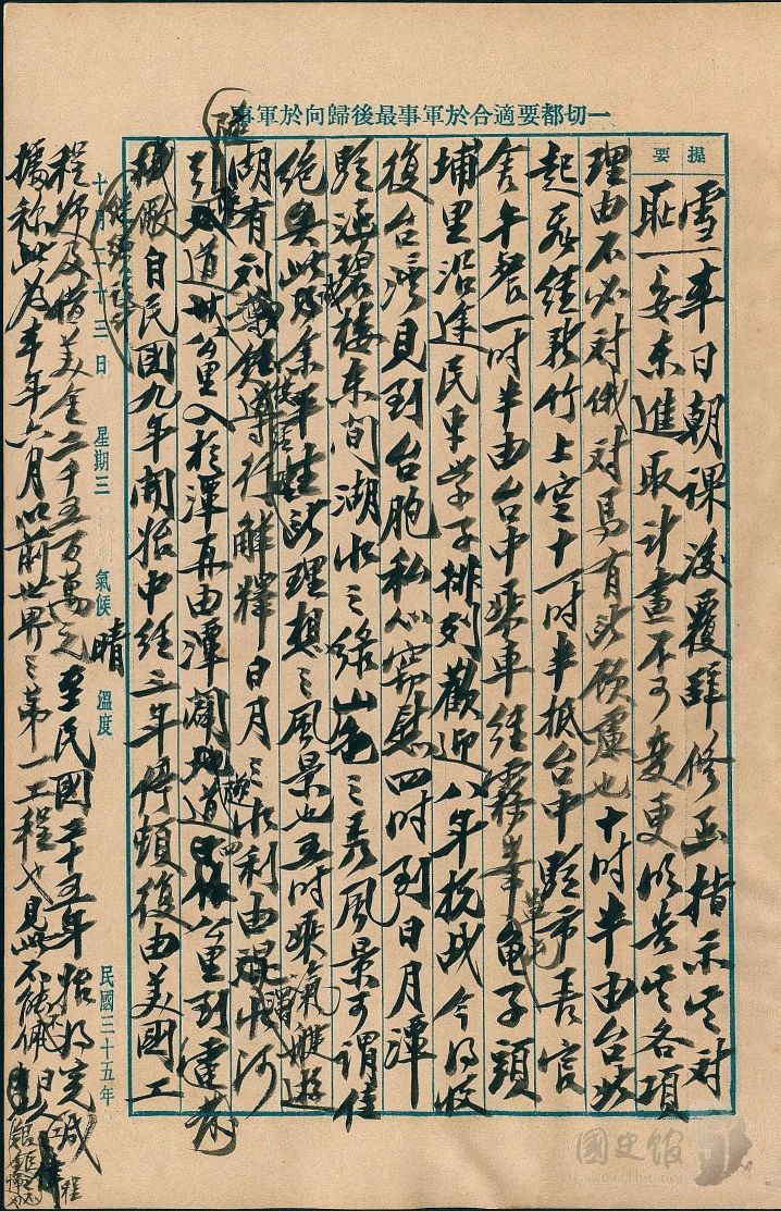 圖4:蔣中正日記原本民國35年(1946年)第一冊10月23日之記事,到日月潭駐涵碧樓,遊湖聽日月潭水力發電工程導覽。(典藏號:002-150101-00035-407)
