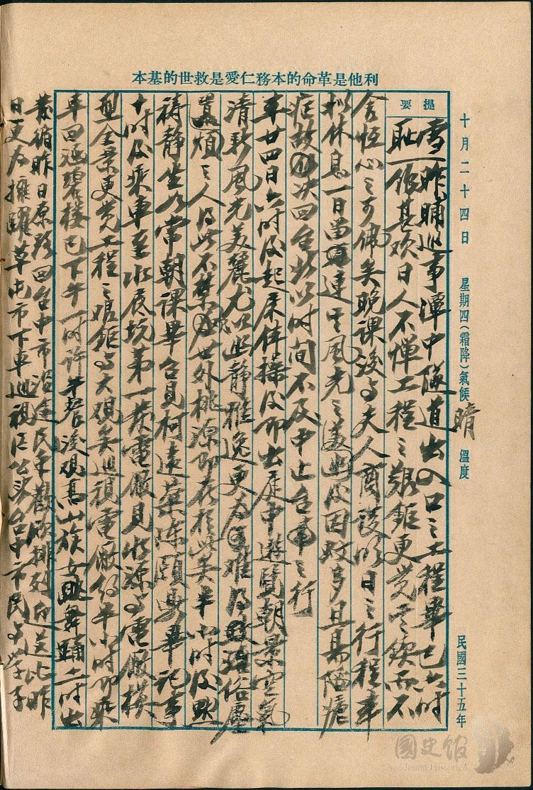 圖5:蔣中正日記原本民國35年(1946年)第一冊10月24日之記事,至水底坑第一發電廠,覺工程之艱鉅與大觀。(典藏號:002-150101-00035-408)