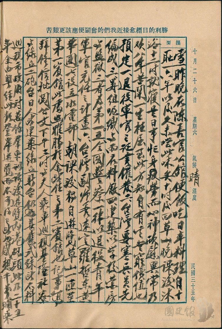 圖6:蔣中正日記原本民國35年(1946年)第一冊10月26日之記事,巡視基隆社寮與綠丘二砲台,遊覽內港碼頭。(典藏號:002-150101-00035-410)