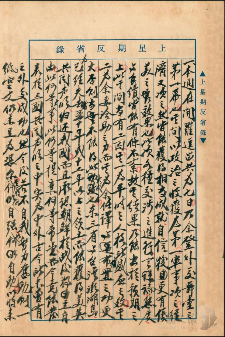圖14：蔣中正日記原本民國32年（1943年）11月22日至28日上星期反省錄之記事，在開羅七日為蔣中正登外交舞臺之第一幕。（典藏號：002-150101-00032-465）