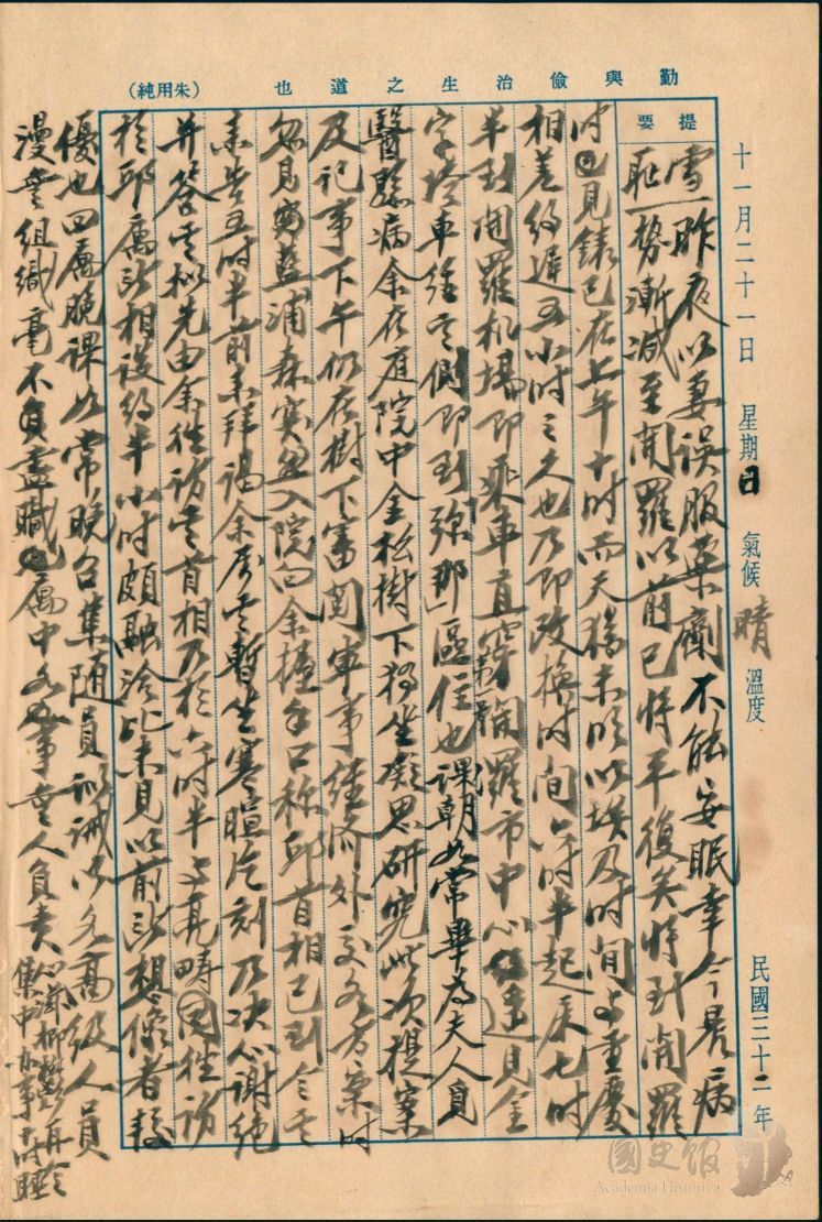 圖10：蔣中正日記原本民國32年（1943年）11月21日之記事，抵達開羅，初見英國首相邱吉爾。（典藏號：002-150101-00032-454）