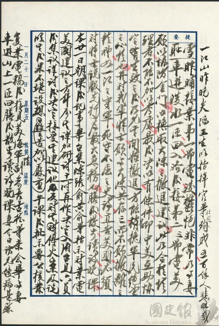 圖1:蔣中正日記原本民國44(1955)年1月21日之記事,美願以協防金門以換取大陳之撤退之建議。(典藏號:002-150101-00045-031)