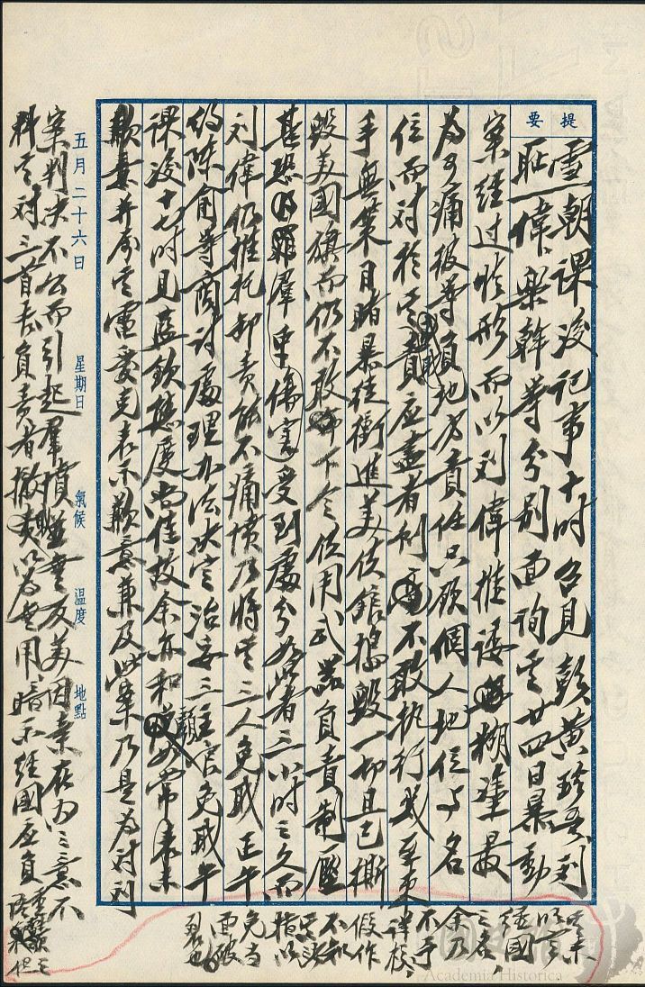 圖7:蔣中正日記原本民國46(1957)年5月26日之記事,美國大使藍欽對三首長負責者撤職以為無用,暗示蔣經國應負重責。(典藏號:002-150101-00047-206)