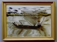越南舢舨船刺繡畫