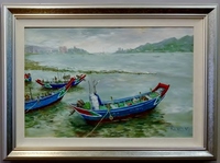 淡水漁舟膠彩畫(新加坡Ho Kah Leong繪)